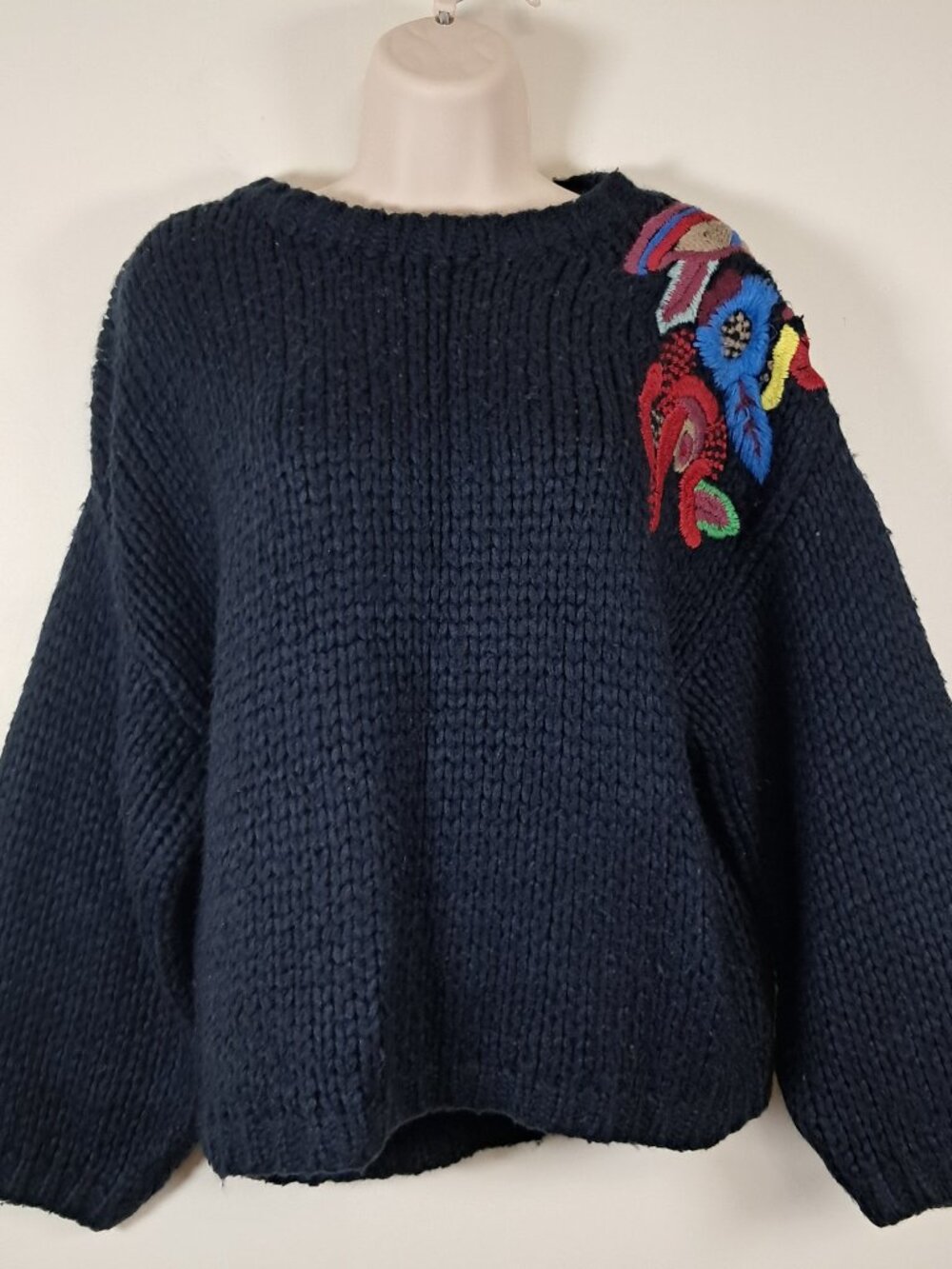 Zara Chunky Knit Floral Embroidered Sweater Navy Blue Size S Boho Cozy